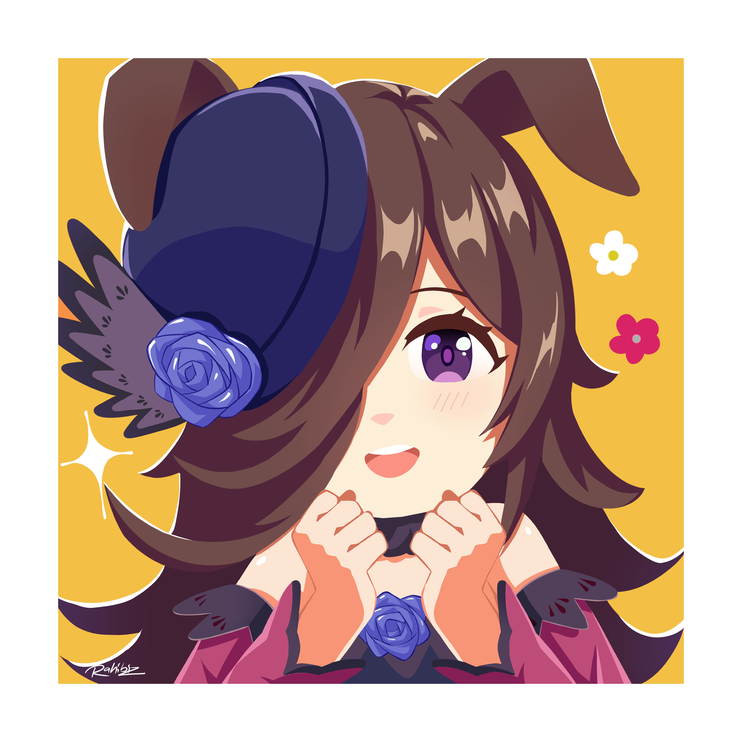 rice shower (rosy dreams) (umamusume), rice shower (umamusume), umamusume, absurdres, highres, 1girl, animal ears, bare shoulders, blue flower, blue hat, blue rose, blush, brown hair, diamond (shape), dress, fascinator, flipped hair, flower, fur choker, hair over one eye, hat, hat flower, horse ears, horse girl, long hair, long sleeves, looking at viewer, off-shoulder dress, off shoulder, open mouth, purple eyes, rahibizzz, rose, smile, solo, teeth, tilted headwear, upper body, upper teeth only