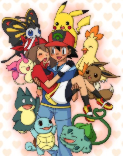 primrose001, ash ketchum, beautifly, combusken, eevee, may (pokemon), munchlax, pikachu, skitty, squirtle, nintendo, pokemon, pokemon (anime), pokemon rse (anime), third-party source, 1boy, 1girl, :d, black hair, black socks, blush, carrying, carrying person, closed eyes, fingerless gloves, gen 1 pokemon, gen 3 pokemon, gen 4 pokemon, gloves, happy, hetero, on head, open mouth, pokemon (creature), pokemon on back, pokemon on head, princess carry, shorts, skirt, smile, socks, white skirt