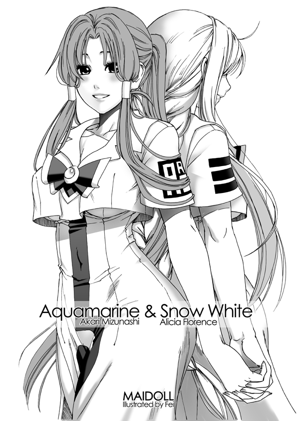 fei (maidoll), alicia florence, mizunashi akari, aria (manga), 00s, aged up, back-to-back, blouse, blush, greyscale, holding hands, long hair, monochrome, shirt, smile, white shirt