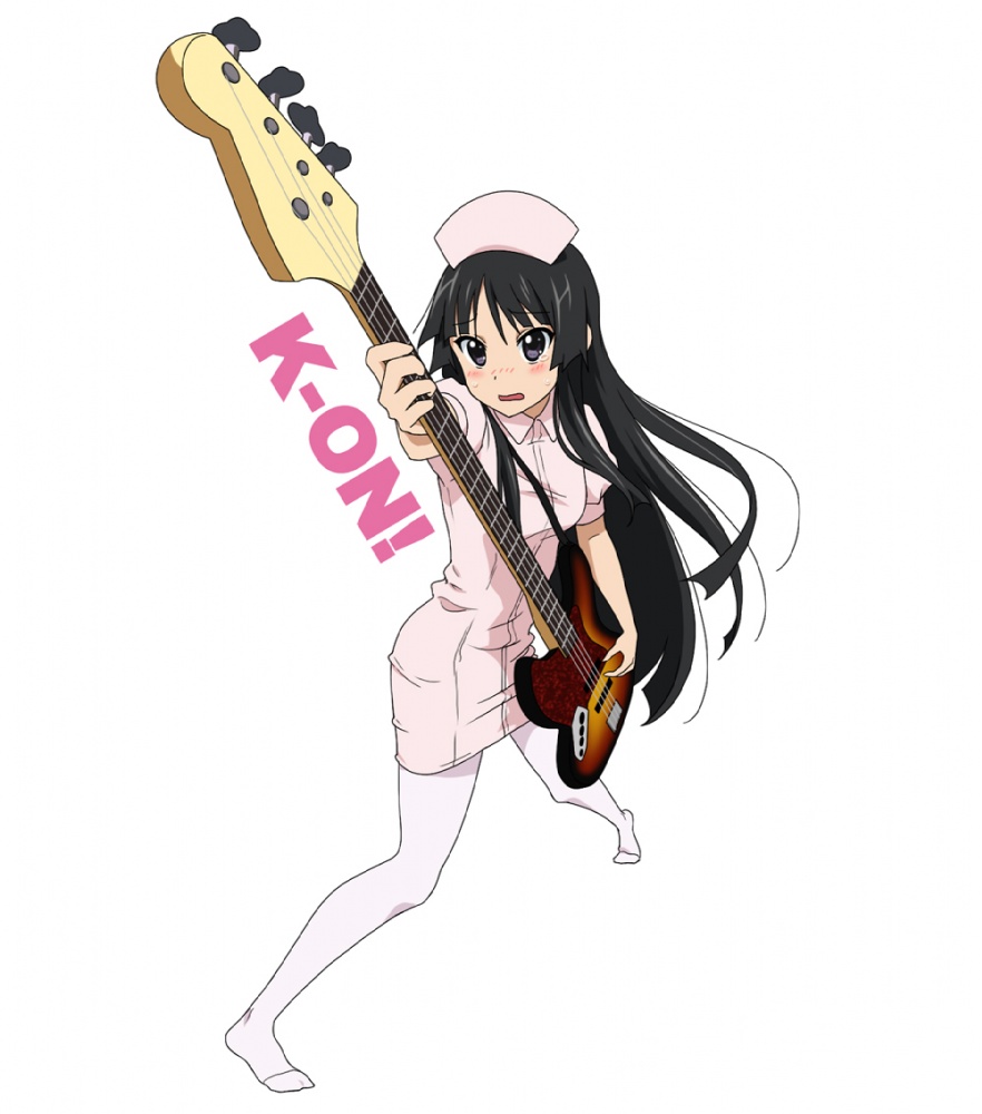 akiyama mio, k-on!, 00s, 1girl, bass guitar, black eyes, black hair, blush, female focus, instrument, long hair, nurse, pantyhose, solo, white pantyhose