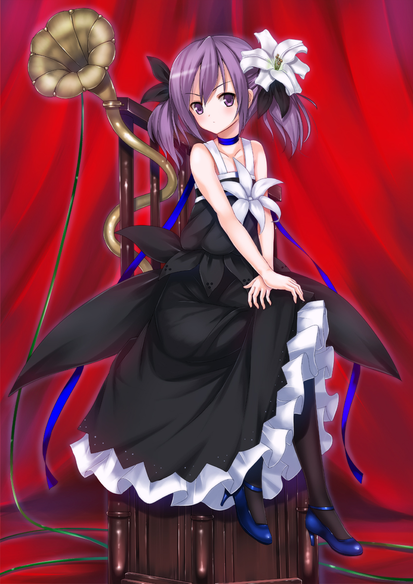 koi (koisan), original, bad id, bad pixiv id, highres, 1girl, chair, dress, female focus, flower, hair flower, hair ornament, hair ribbon, high heels, on chair, pantyhose, phonograph, purple eyes, purple hair, ribbon, serious, shoes, short twintails, solo, twintails