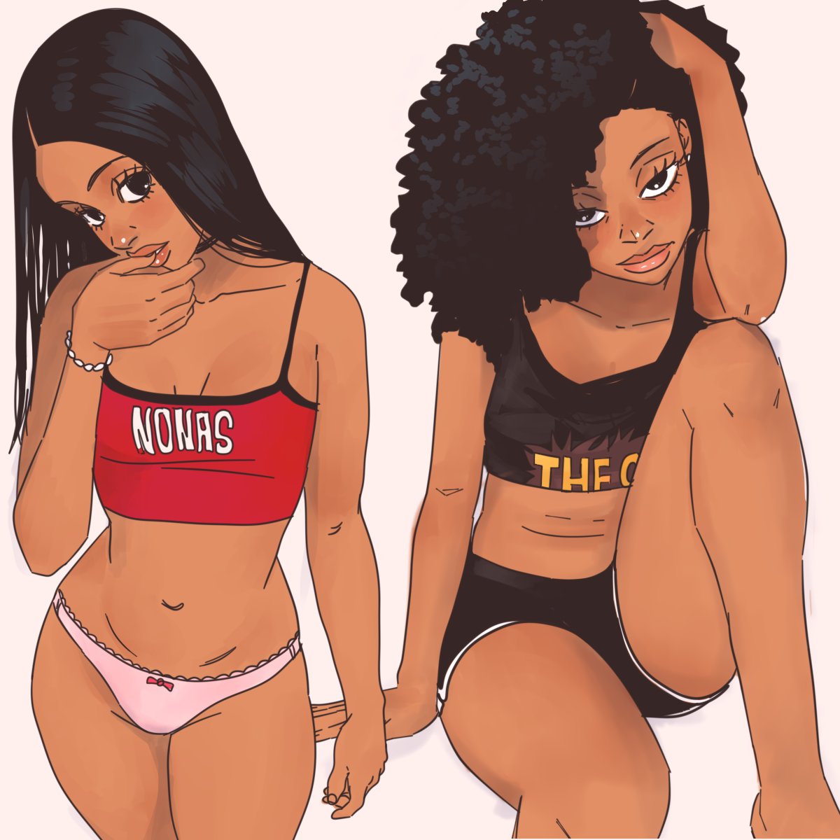 jesus aponza, rosa (jesus aponza), original, highres, 1girl, 2girls, black hair, black shirt, black shorts, breasts, crop top, dark-skinned female, dark skin, dolphin shorts, grey background, long hair, looking at viewer, messy hair, midriff, multiple girls, navel, panties, pink panties, red tank top, shirt, shorts, simple background, sleeveless, sleeveless shirt, small breasts, tank top, underwear