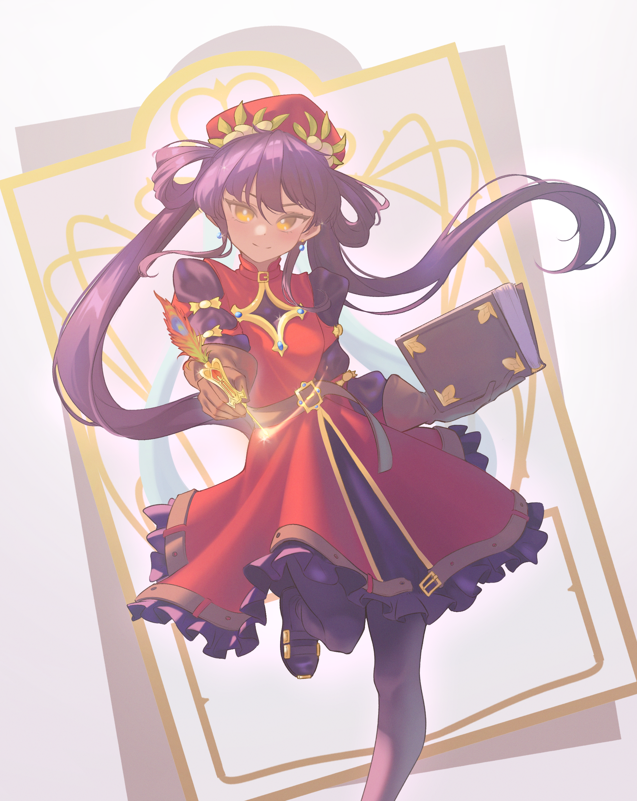memoriaev, dante alighieri (hell maiden), hell maiden, absurdres, highres, 1girl, beret, black hair, black pantyhose, black shoes, black sleeves, brown gloves, dress, gloves, gold trim, hair rings, hat, holding, holding quill, long hair, looking at viewer, pantyhose, quill, red dress, red hat, shoes, solo, standing, standing on one leg, twintails, very long hair