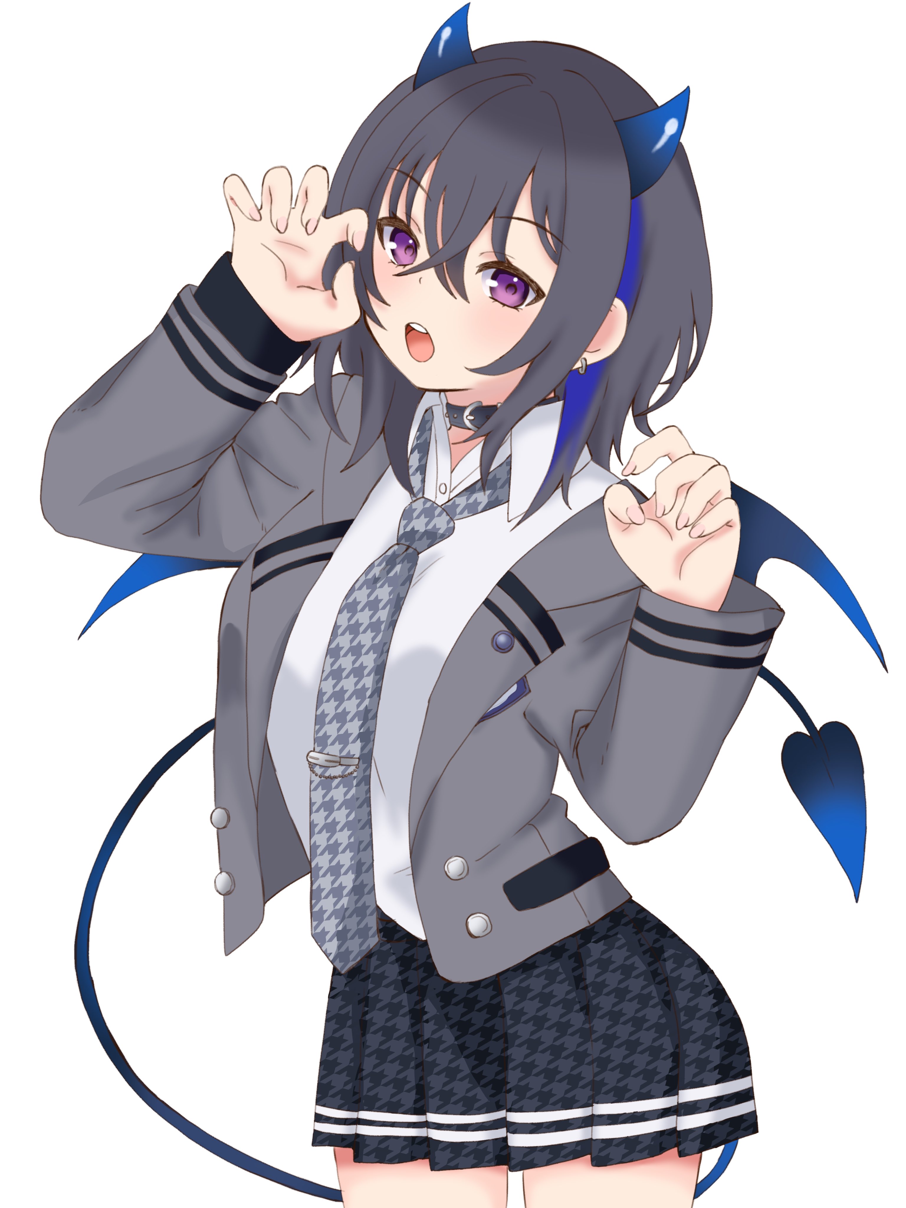 mayoineko, ichinose uruha, vspo!, absurdres, highres, 1girl, belt, belt collar, black belt, black skirt, blazer, blue horns, blue wings, buttons, collar, collared shirt, demon tail, earrings, grey hair, grey jacket, grey necktie, horns, jacket, jewelry, long sleeves, necktie, open mouth, pleated skirt, purple eyes, school uniform, shirt, skirt, solo, tail, teeth, upper teeth only, virtual youtuber, white background, white shirt, wings