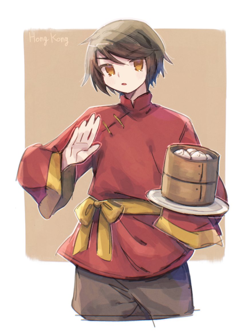 hong kong (hetalia), axis powers hetalia, commentary request, 1boy, bamboo steamer, black hair, black pants, border, bow, brown background, character name, chinese clothes, empty eyes, hair between eyes, hands up, holding, holding plate, long sleeves, looking at viewer, male focus, mandarin collar, ne0 kizuna sub7, open mouth, outside border, pants, plate, red shirt, shirt, short hair, simple background, solo, white border, wide sleeves, yellow bow, yellow eyes
