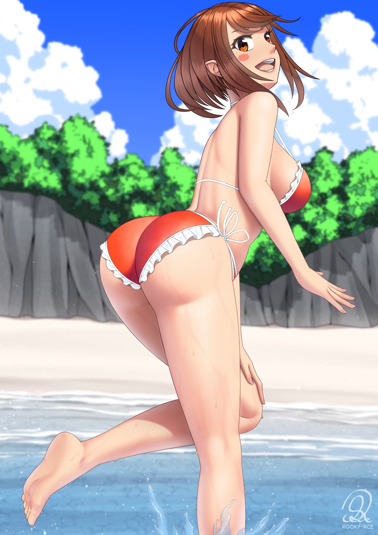 rocky-ace, uraraka ochako, boku no hero academia, 1girl, artist name, ass, bare shoulders, barefoot, beach, bikini, blue sky, blush stickers, breasts, brown eyes, brown hair, cloud, female focus, hand on own knee, large breasts, matching hair/eyes, ocean, red bikini, short hair, sidelocks, sky, solo, swimsuit, thighs, watermark