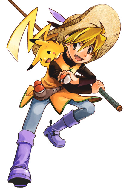 babiry, pika (pokemon), pikachu, yellow (pokemon), nintendo, pokemon, pokemon adventures, 1girl, androgynous, blonde hair, boots, female focus, fishing rod, gen 1 pokemon, hat, holding, holding fishing rod, holding poke ball, poke ball, pokemon (creature), reverse trap, simple background, smile, tabard, waist poke ball
