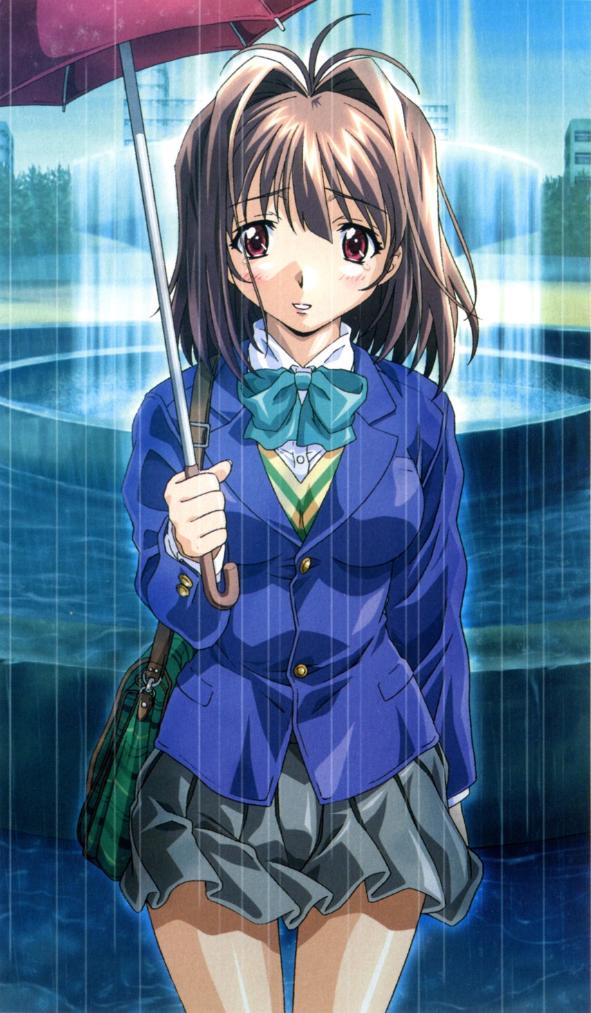 taki minashika, kawai rie, lovers (game), highres, scan, 1girl, bag, blazer, blush, breasts, brown hair, female focus, fountain, jacket, miniskirt, outdoors, pink eyes, pleated skirt, rain, red eyes, ribbon, school uniform, short hair, skirt, sky, smile, solo, standing, tears, umbrella