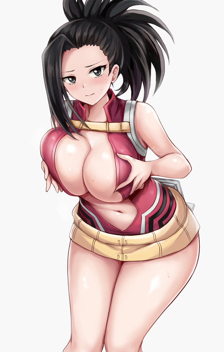 r-binon, yaoyorozu momo, boku no hero academia, 1girl, black eyes, black hair, breasts, center opening, cleavage, closed mouth, collarbone, female focus, grabbing own breast, large breasts, leotard, light blush, looking at viewer, matching hair/eyes, navel, red leotard, solo, superhero costume, thighs
