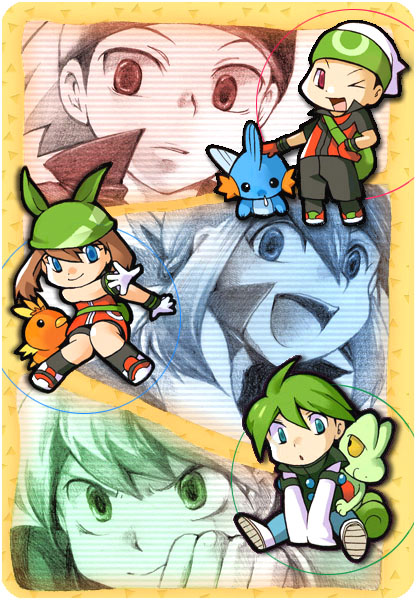 babiry, brendan (pokemon), may (pokemon), mudkip, torchic, treecko, wally (pokemon), nintendo, pokemon, pokemon adventures, pokemon rse, 00s, 1girl, 2boys, bandana, chibi, gen 3 pokemon, hat, multiple boys, pokemon (creature), starter pokemon trio