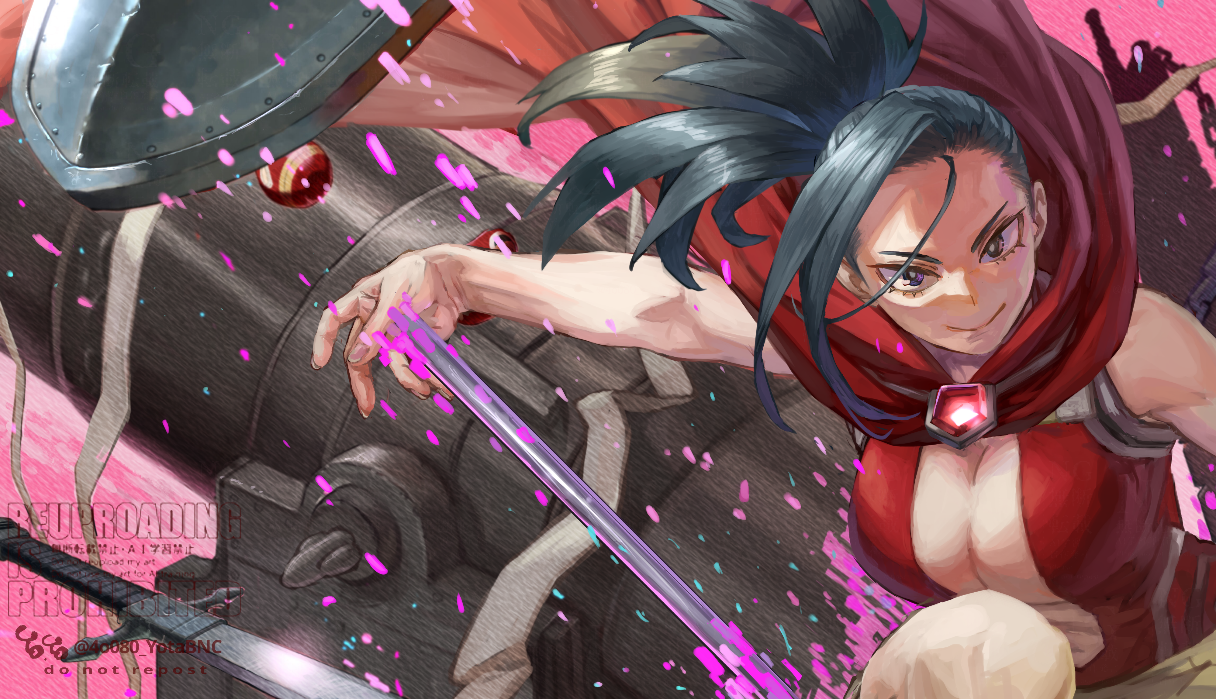 yomoyama yotabanashi, yaoyorozu momo, boku no hero academia, commentary request, highres, 1girl, artist name, black eyes, black hair, breasts, cape, center opening, female focus, hair pulled back, large breasts, leotard, long hair, matching hair/eyes, matryoshka doll, pink background, ponytail, red cape, red leotard, shield, sleeveless, smile, solo, superhero costume, sword, weapon