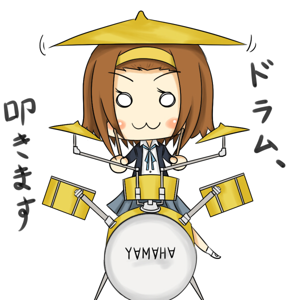 moko, tainaka ritsu, k-on!, 00s, 1girl, :3, brand name imitation, brandname parody, brown hair, chibi, drum, drum set, female focus, instrument, o o, school uniform, short hair, simple background, solo
