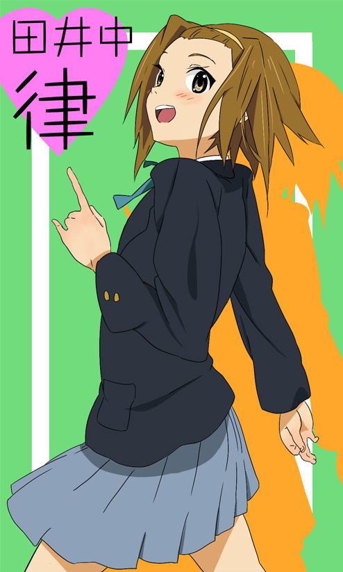 mitsuyorin, tainaka ritsu, k-on!, bad id, bad pixiv id, 00s, 1girl, blazer, blush, brown eyes, brown hair, female focus, hair ornament, hairband, headband, heart, jacket, miniskirt, pleated skirt, school uniform, short hair, skirt, smile, solo, standing, walking