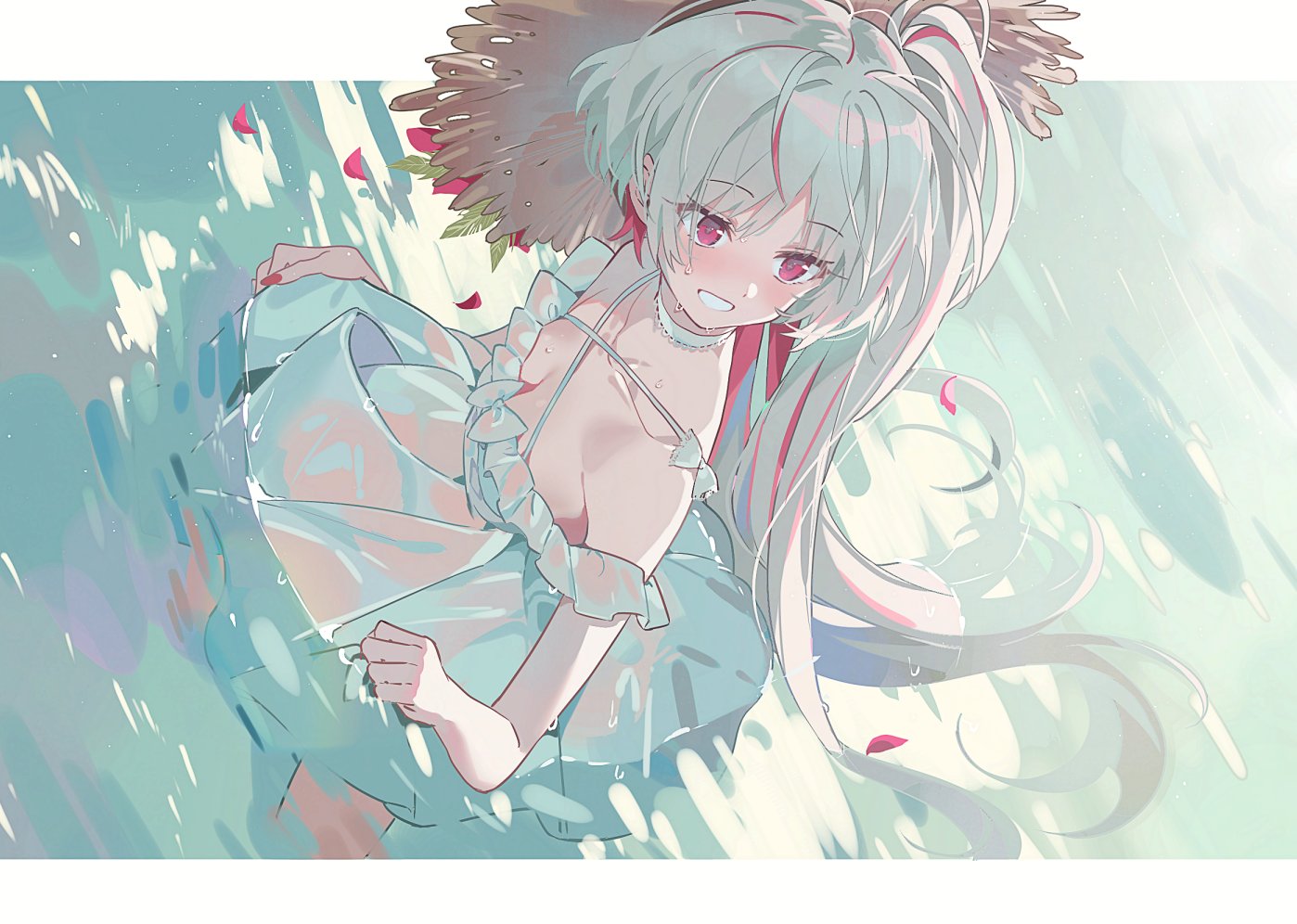 stemiomio, original, commentary, 1girl, dress, dutch angle, hat, multicolored hair, ocean, partially submerged, red eyes, solo, straw hat, sundress, wading, water