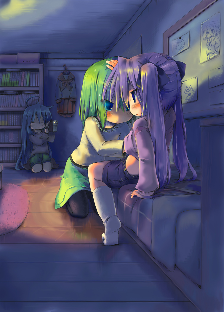 sakanaya nakasa, hiiragi kagami, iwasaki minami, izumi konata, lucky star, 00s, 3girls, :3, ahoge, bed, blue eyes, blue hair, blush, bookshelf, camcorder, clothes lift, feet, green hair, hair ribbon, hand on another's head, hand under clothes, kneeling, long hair, multiple girls, pantyhose, purple hair, ribbon, school uniform, serafuku, shirt lift, socks, twintails, video camera, yuri