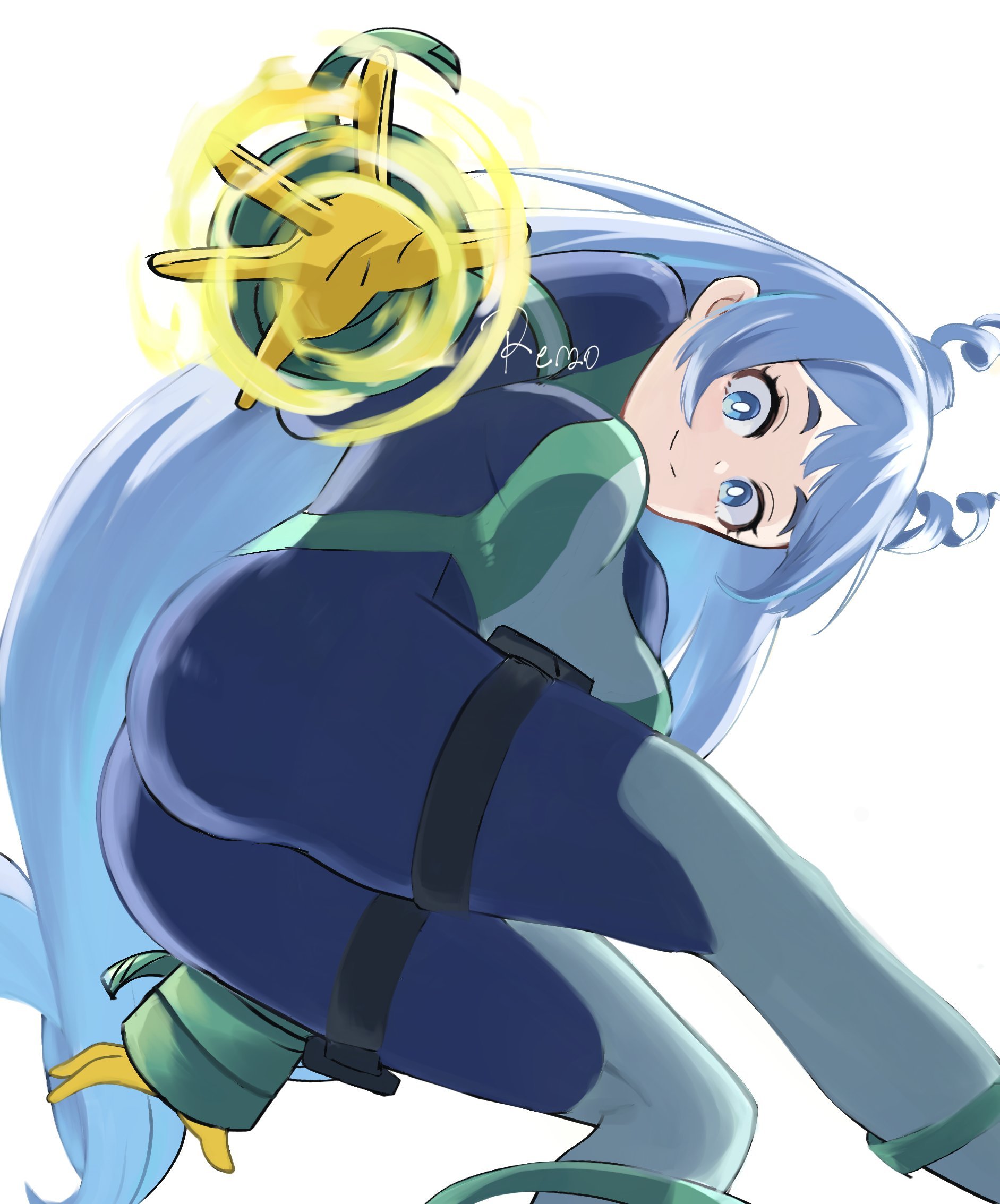 hado nejire, boku no hero academia, artist request, 1girl, ass, blue bodysuit, blue eyes, blue hair, bodysuit, closed mouth, drill hair, female focus, gloves, green bodysuit, long hair, looking at viewer, multicolored bodysuit, smile, solo, superhero costume, twin drills, yellow gloves