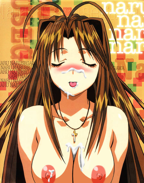 narusegawa naru, love hina, 1girl, antenna hair, blush, breasts, brown hair, closed eyes, cross, cross necklace, cum, cum in mouth, cum on body, cum on breasts, cum on tongue, cum on upper body, facial, female focus, jewelry, large breasts, long hair, necklace, nude, solo, tongue, tongue out