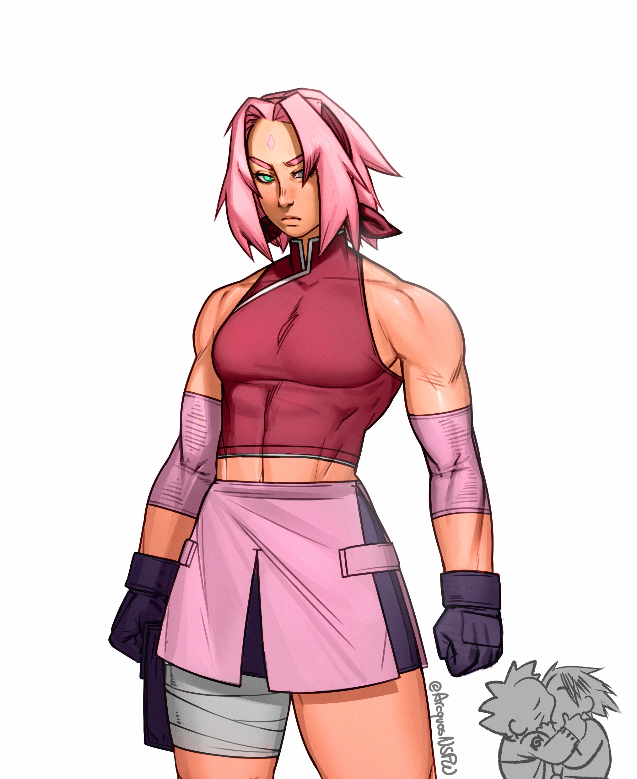 arcquosnsfw, haruno sakura, uchiha sasuke, uzumaki naruto, naruto (series), naruto shippuuden, absurdres, highres, 1girl, alternate muscle size, bare shoulders, black gloves, broad shoulders, cropped legs, gloves, green eyes, kiss, muscular, muscular female, pink hair, short hair, simple background, solo focus, standing, white background