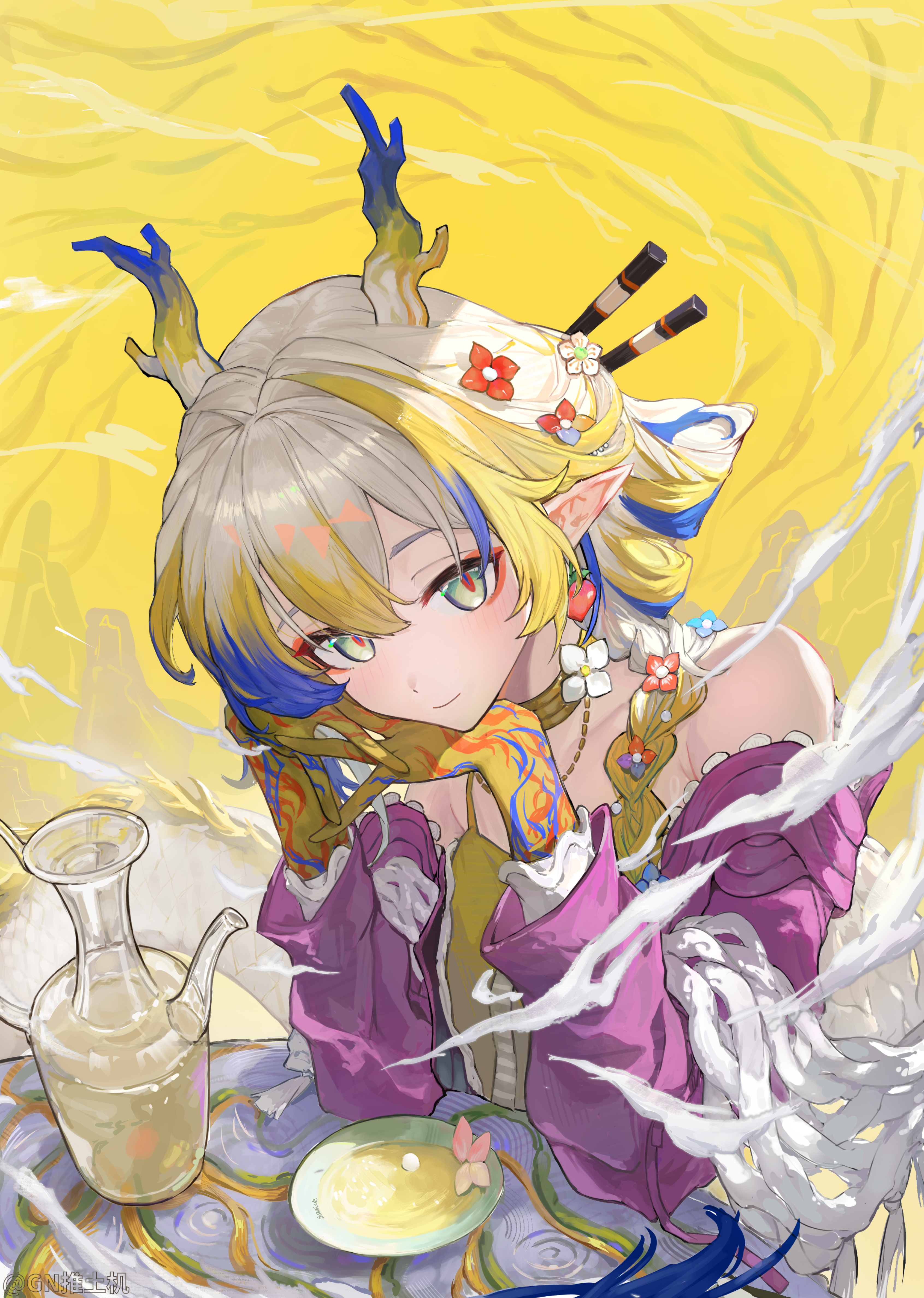 gn tuituji, shu (arknights), shu (spring feast) (arknights), arknights, absurdres, commentary request, highres, 1girl, bare shoulders, blonde hair, blue hair, braid, breasts, closed mouth, dragon girl, dragon horns, dragon tail, dress, earrings, flower, gradient hair, green eyes, hair between eyes, head rest, horns, jewelry, light blush, long hair, long sleeves, looking at viewer, multicolored hair, official alternate costume, pointy ears, slit pupils, small breasts, smile, solo, steepled fingers, tail, upper body, white hair