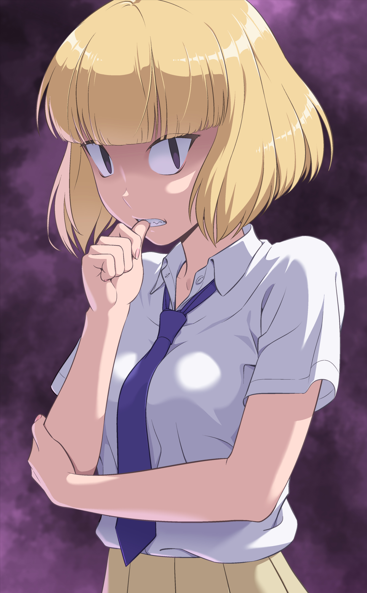 ichikawa masahiro, uchi emiri, watashi ga motenai no wa dou kangaetemo omaera ga warui!, commentary request, highres, 1girl, biting, biting own thumb, black eyes, blonde hair, blunt bangs, bob cut, breasts, collared shirt, hand up, looking at viewer, nail polish, necktie, pink nails, pleated skirt, purple background, purple necktie, school uniform, shirt, shirt tucked in, short hair, short sleeves, skirt, solo, teeth, thumb to mouth, unusually open eyes, upper body, white shirt, yellow skirt