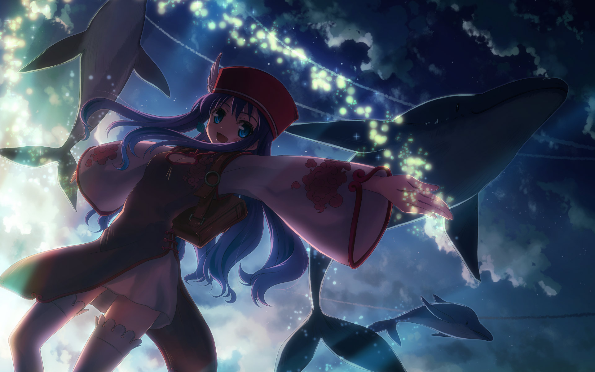 studio sdt, yuuki tatsuya, djmax, djmax portable, highres, 1girl, animal, blue eyes, blue hair, blush, cleavage cutout, clothing cutout, dolphin, female focus, hat, long hair, matching hair/eyes, outstretched arms, skirt, sky, solo, spread arms, thighhighs, zettai ryouiki