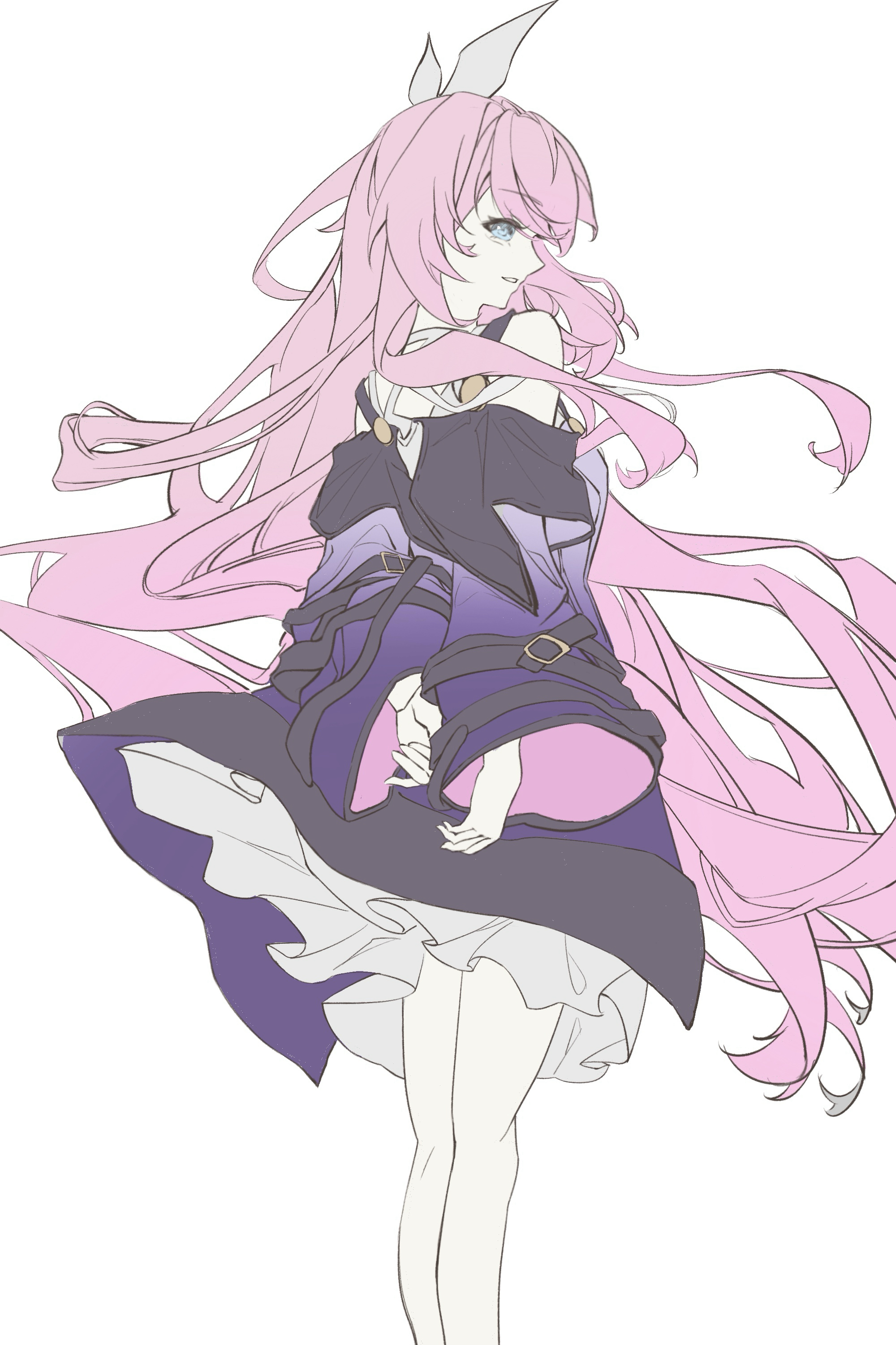 cyrene (honkai: star rail), honkai: star rail, honkai (series), absurdres, commentary request, highres, 1girl, blue eyes, coat, cyrene (aedes elysiae) (honkai: star rail), dress, hair ornament, long hair, no ying sakura, pink hair, purple coat, self cosplay, solo, very long hair, white background, white dress