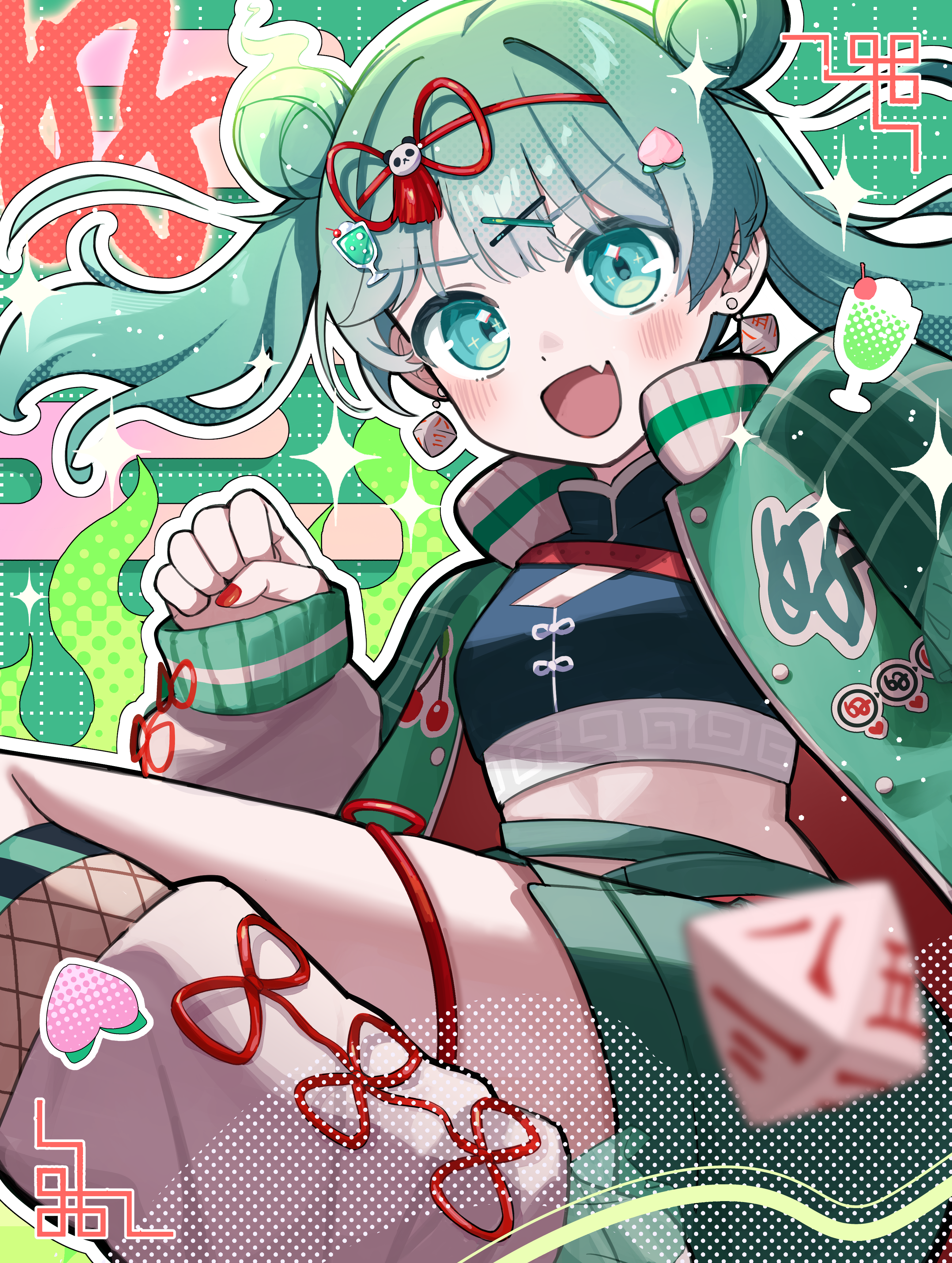 mishio (misio 40), hatsune miku, hao (vocaloid), vocaloid, absurdres, chinese commentary, commentary, highres, revision, 1girl, :d, alternate costume, aqua eyes, arm up, black bustier, bustier, cherry print, clenched hand, dice, double bun, earrings, egasumi, fang, flower, food print, fruit print, green background, green jacket, green shorts, grid background, hair bun, hair ornament, hair ribbon, heart, jacket, jewelry, leg warmers, long sleeves, looking at viewer, midriff, open clothes, open jacket, open mouth, polyhedral dice, red nails, red ribbon, ribbon, shorts, smile, solo, twintails, water lily flower, white leg warmers, white ribbon, x hair ornament