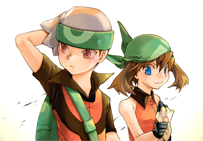 babiry, brendan (pokemon), may (pokemon), nintendo, pokemon, pokemon adventures, 1boy, 1girl, alternate costume, backpack, bag, bandana, bare shoulders, black hair, blue eyes, brown hair, couple, gloves, hat, hetero, randoseru, red eyes, smile