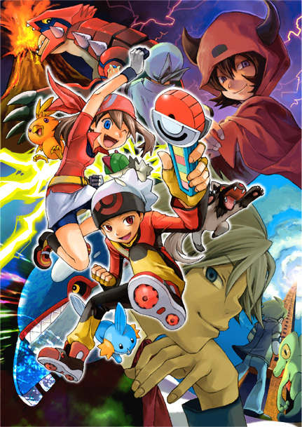 babiry, brendan (pokemon), courtney (pokemon), groudon, kyogre, may (pokemon), mudkip, poochyena, ralts, steven stone, torchic, treecko, wally (pokemon), nintendo, pokemon, pokemon adventures, pokemon rse, 00s, 2girls, bandana, blue eyes, fangs, gen 3 pokemon, hat, legendary pokemon, multiple girls, one eye closed, pokeblock, pokeblock case, pokemon (creature), red eyes, starter pokemon trio, team aqua, team magma, tower, volcano, wink
