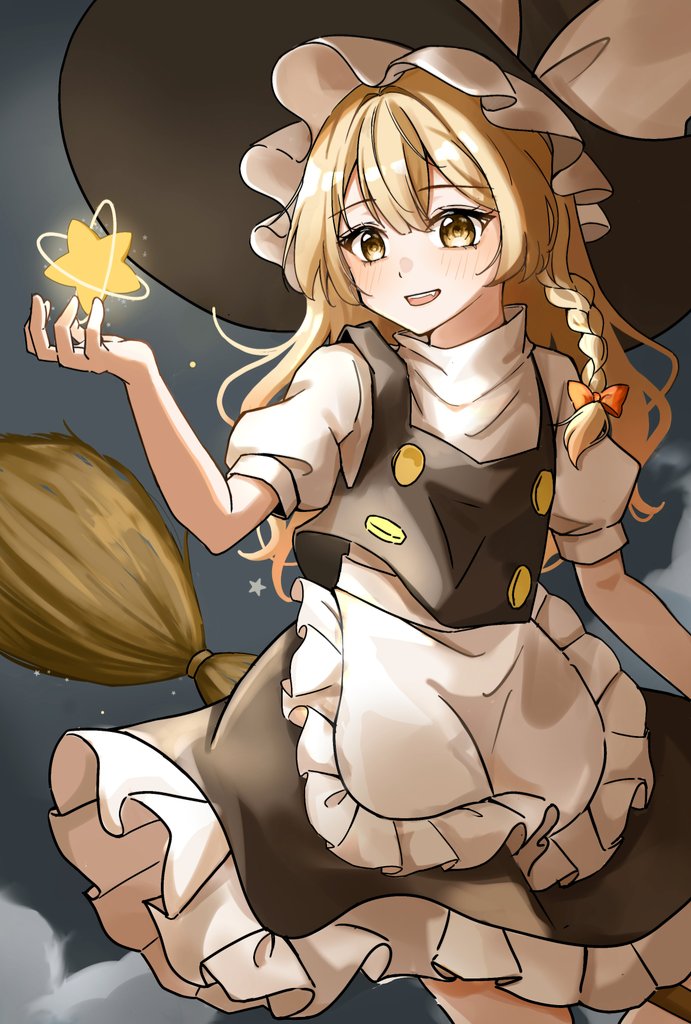 temmie (temi maru), kirisame marisa, touhou, commentary request, 1girl, apron, black hat, black skirt, black vest, blonde hair, blush, bow, braid, broom, cloud, frilled apron, frilled skirt, frills, hair bow, hat, hat bow, long hair, night, night sky, open mouth, orange bow, outdoors, puffy short sleeves, puffy sleeves, short sleeves, side braid, single braid, skirt, sky, smile, solo, star (symbol), very long hair, vest, waist apron, white bow, witch hat, yellow eyes
