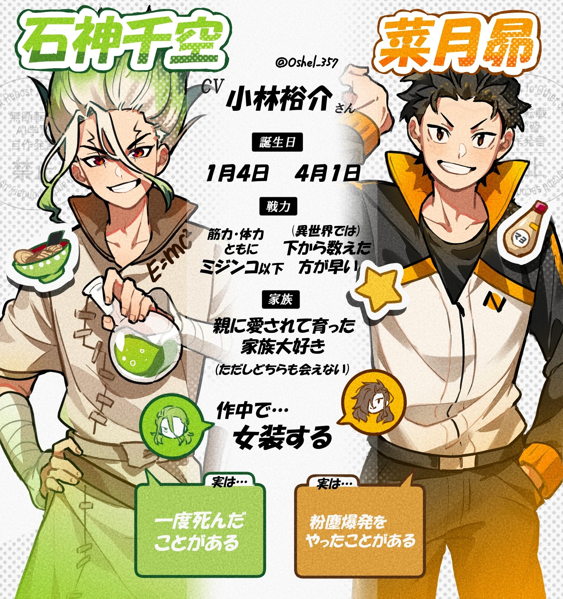 oshel 357, ishigami senkuu, natsuki subaru, dr. stone, re:zero kara hajimeru isekai seikatsu, highres, 2boys, ad, bandages, black hair, brown eyes, brown hair, character profile, crossover, flask, gradient hair, green hair, grin, hair slicked back, hand in pocket, hand on own hip, holding, jacket, long sleeves, looking at viewer, male focus, multicolored hair, multiple boys, pants, potion, red eyes, round-bottom flask, shirt, short hair, smile, track jacket, track suit, white hair