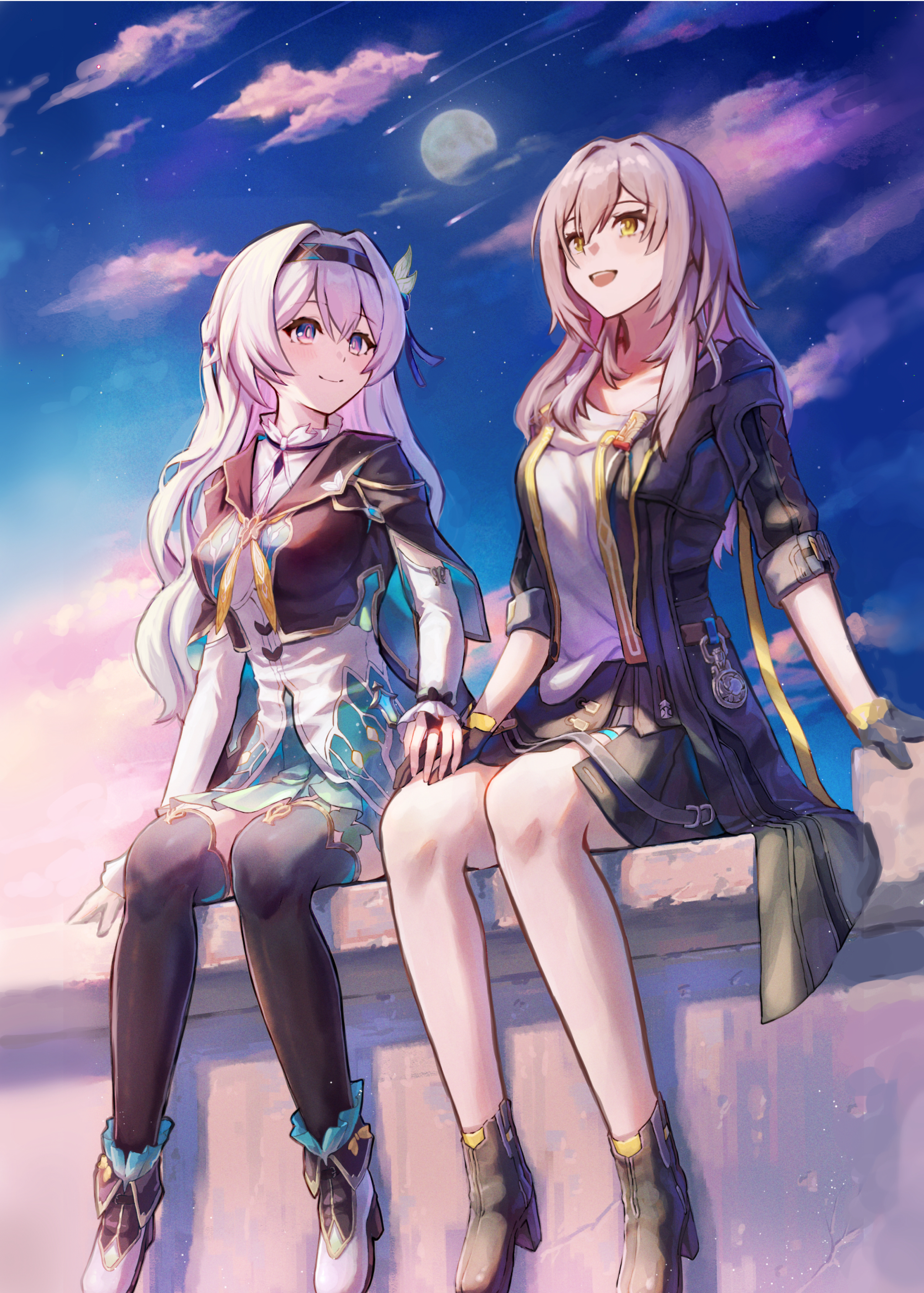 isome, firefly (honkai: star rail), stelle (honkai: star rail), trailblazer (honkai: star rail), honkai: star rail, honkai (series), absurdres, commentary request, highres, revision, 2girls, black boots, black bridal gauntlets, black gloves, black hairband, black jacket, black skirt, black thighhighs, boots, bridal gauntlets, closed mouth, cloud, cloudy sky, cropped jacket, detached sleeves, gloves, grey hair, hair between eyes, hair ornament, hairband, holding hands, jacket, long hair, long sleeves, looking ahead, looking at another, multicolored eyes, multiple girls, neckerchief, open mouth, outdoors, shirt, sitting, skirt, sky, smile, teeth, thighhighs, upper teeth only, white boots, white shirt, yellow eyes