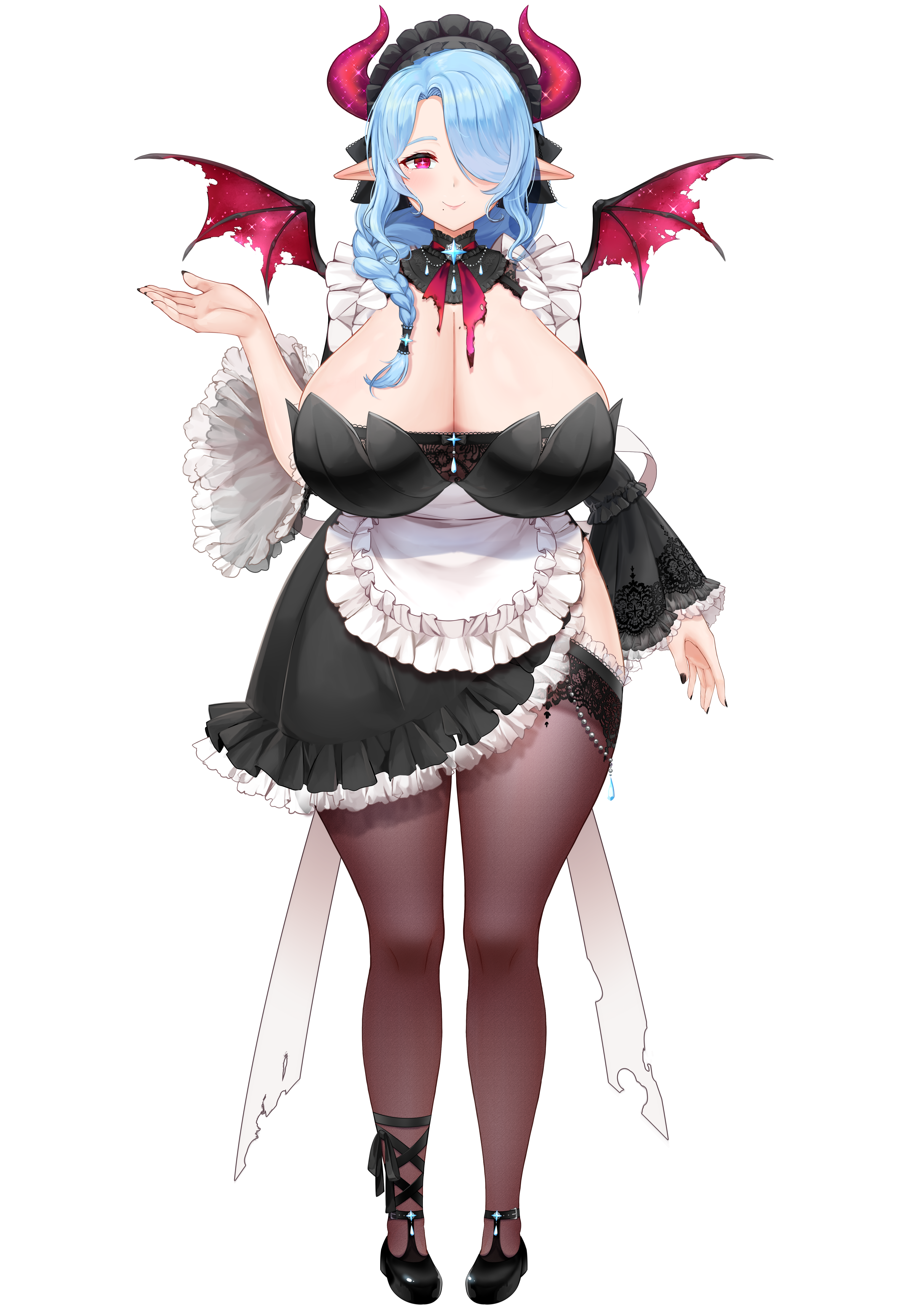 cream cod, miilkywayz, indie virtual youtuber, absurdres, highres, official art, 1girl, animal ears, apron, black dress, black nails, black shoes, blue hair, braid, breasts, bright pupils, cleavage, closed mouth, cow ears, cow girl, cow horns, cow tail, dress, frilled apron, frilled dress, frills, hair over one eye, hair over shoulder, hair tubes, horns, huge breasts, long hair, maid, maid headdress, mole, mole on breast, mole under mouth, official alternate eye color, pink eyes, pink horns, shoes, single hair tube, smile, solo, tachi-e, tail, thighhighs, transparent background, virtual youtuber, white apron, wings