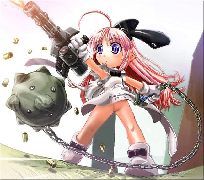 hoihoi-san, ichigeki sacchuu!! hoihoi-san, white footwear, artist request, tagme, 1girl, ahoge, apron, character name, female focus, flail, full body, gatling gun, gun, loli, minigun, morning star, naked apron, no panties, pink hair, pointy ears, purple eyes, shell casing, solo, spike ball, standing, weapon