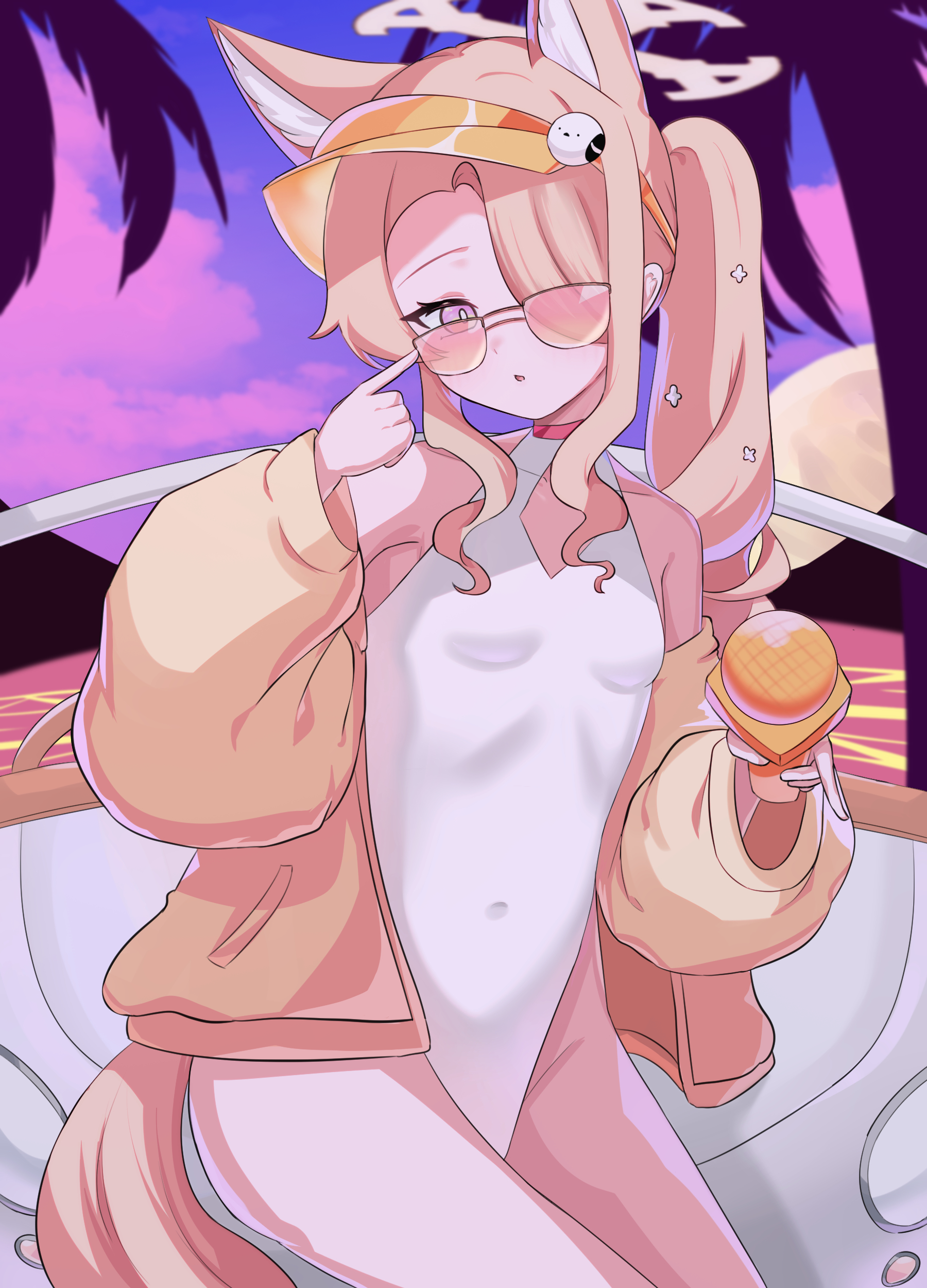 sabnak66, seia (blue archive), seia (swimsuit) (blue archive), blue archive, absurdres, highres, 1girl, animal ear fluff, animal ears, blonde hair, breasts, car, collarbone, fox ears, fox girl, fox tail, hair over one eye, halo, holding, jacket, long hair, long sleeves, motor vehicle, official alternate costume, official alternate hairstyle, one-piece swimsuit, palm tree, parted lips, pink eyes, small breasts, solo, sunglasses, swimsuit, tail, tree, very long hair, visor cap, white one-piece swimsuit, yellow halo, yellow jacket