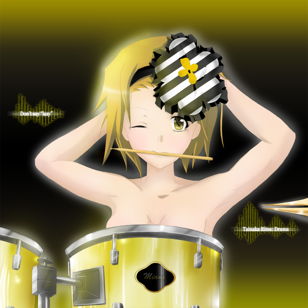 miang, tainaka ritsu, don't say "lazy", k-on!, bad id, bad pixiv id, 00s, 1girl, brown hair, drum, drum set, drumsticks, female focus, instrument, mouth hold, solo