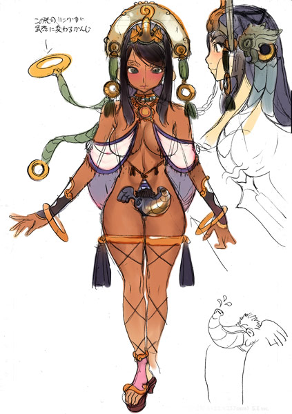 ban! (bansankan), luna luna (queen's blade), queen's blade, queen's blade rebellion, translation request, 00s, 10s, 1girl, black eyes, black hair, blush, bracelet, breasts, cleavage, crown, dark-skinned female, dark skin, detached sleeves, elephant, feet, female focus, hip focus, jewelry, necklace, reference sheet, revealing clothes, ring, sandals, see-through clothes, sketch, solo, thigh strap, toes, wide hips