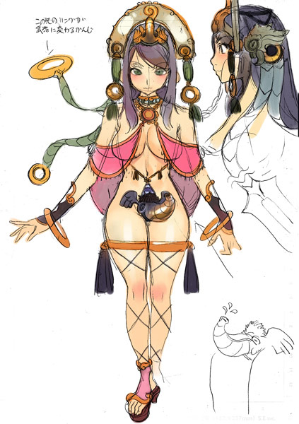 ban! (bansankan), luna luna (queen's blade), queen's blade, queen's blade rebellion, translation request, 00s, 10s, 1girl, blush, bracelet, breasts, cleavage, crown, detached sleeves, elephant, feet, female focus, green eyes, hip focus, jewelry, necklace, purple hair, reference sheet, revealing clothes, ring, sandals, see-through clothes, sketch, solo, thigh strap, toes, wide hips