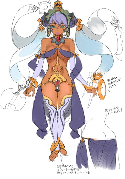 ban! (bansankan), luna luna (queen's blade), queen's blade, queen's blade rebellion, 00s, 10s, 1girl, ass, barefoot, bracelet, breasts, bridal gauntlets, butt crack, crown, dark-skinned female, dark skin, feet, female focus, green eyes, jewelry, large breasts, lipstick, makeup, no panties, purple hair, reference sheet, ribbon, see-through clothes, short hair, sketch, solo, thighhighs, underboob