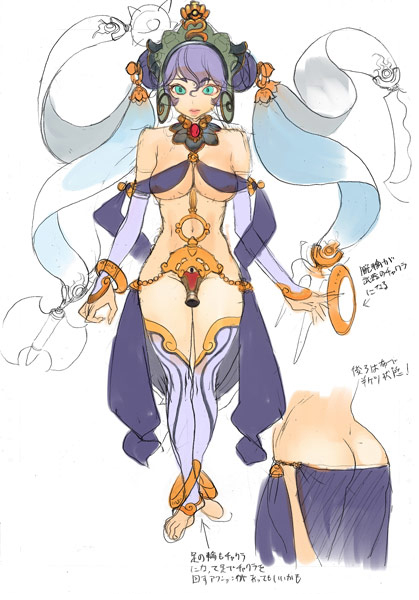 ban! (bansankan), luna luna (queen's blade), queen's blade, queen's blade rebellion, translation request, 00s, 10s, 1girl, anklet, aqua eyes, ass, bare shoulders, barefoot, bracelet, breasts, bridal gauntlets, butt crack, choker, crown, feet, female focus, hip focus, jewelry, lipstick, makeup, navel, purple hair, reference sheet, revealing clothes, ribbon, see-through clothes, short hair, skirt, solo, thigh gap, thighhighs, thighs, underboob, wide hips