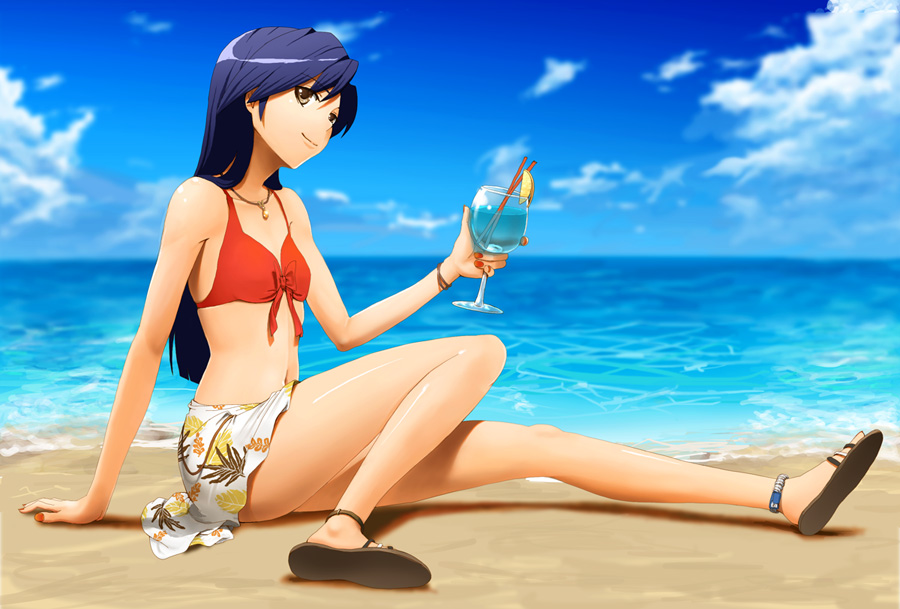hino hikaru, kisaragi chihaya, idolmaster, idolmaster (classic), idolmaster 1, bad id, bad pixiv id, 00s, 1girl, anklet, beach, bikini, blue hair, bracelet, brown eyes, day, female focus, flat chest, full body, jewelry, ocean, outdoors, sandals, sarong, sky, solo, swimsuit