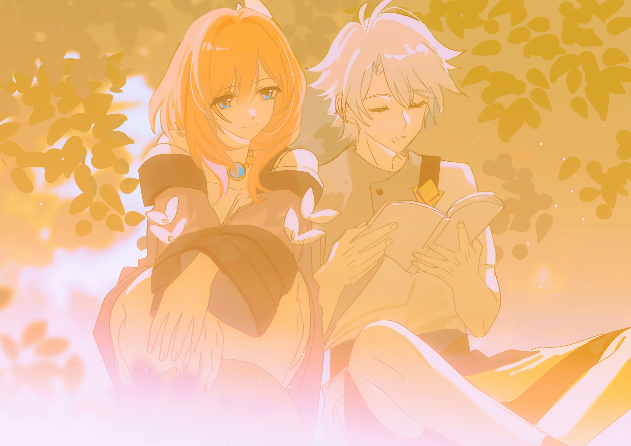 cyrene (honkai: star rail), phainon (a dream scented in wheat) (honkai: star rail), phainon (honkai: star rail), honkai: star rail, honkai (series), commentary, english commentary, highres, 1boy, 1girl, ahoge, blue eyes, blue shirt, book, closed eyes, coat, cyrene (aedes elysiae) (honkai: star rail), dress, drooling, hair ornament, holding, holding book, jewelry, marketslipper, mouth drool, necklace, pink hair, purple coat, shirt, short hair, white dress, white hair