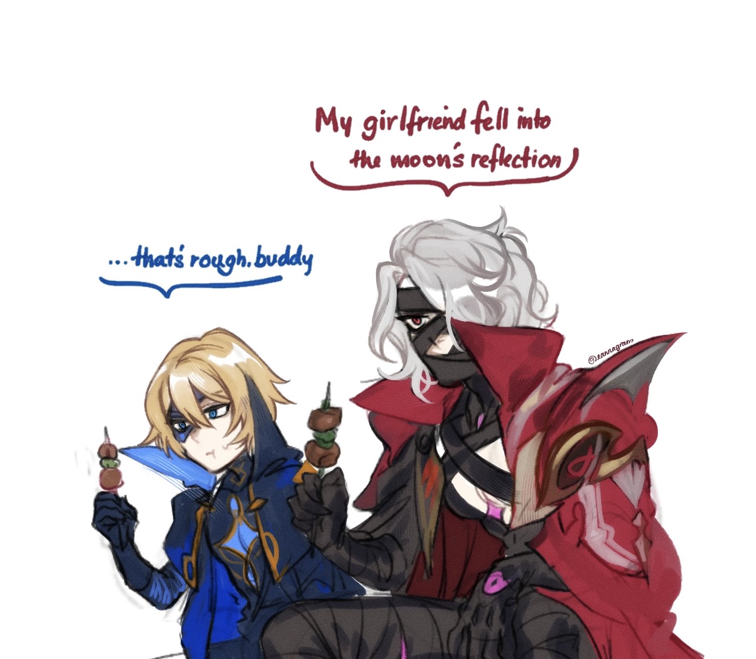 araimin, dainsleif (genshin impact), rerir (genshin impact), avatar: the last airbender, avatar legends, genshin impact, commentary, english commentary, highres, 2boys, :t, black gloves, blonde hair, blue eyes, cape, food, gloves, grey hair, high collar, holding, holding food, meme, multiple boys, red cape, red eyes, shish kebab, short hair, simple background, sitting, white background
