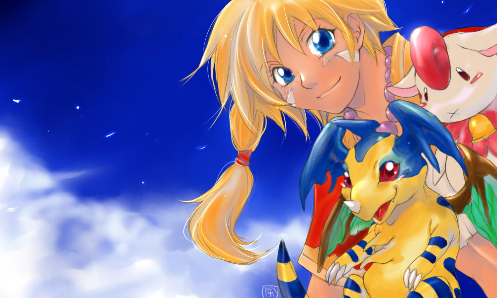 d-maker, draggy, kid (chrono cross), pip, chrono (series), chrono cross, blonde hair, blue eyes, braid, jewelry, long hair, markings, necklace, smile