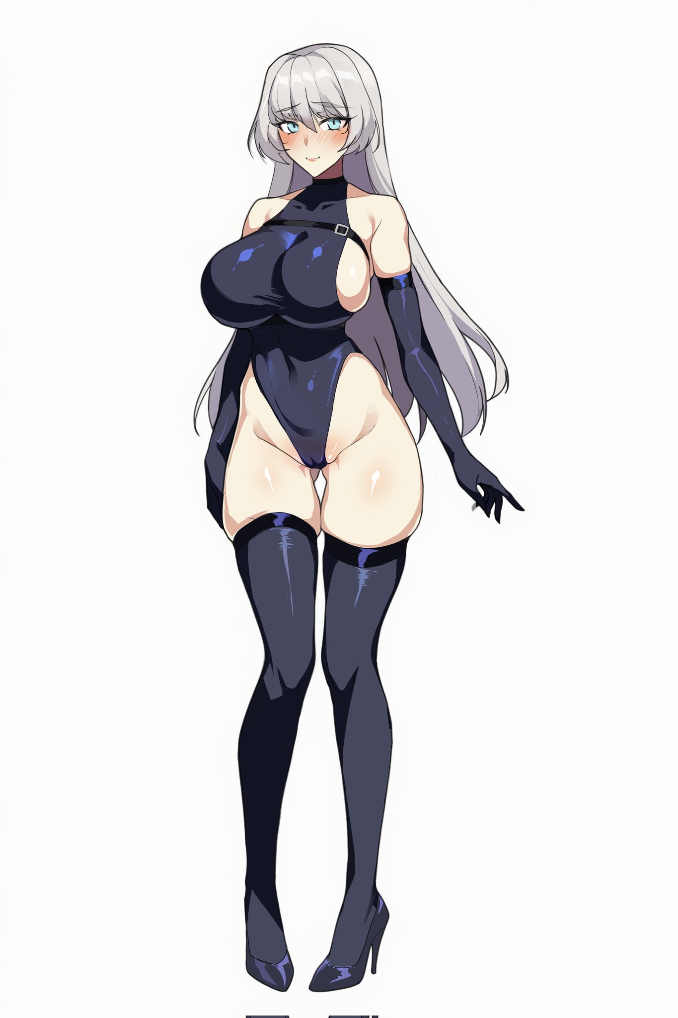 wessidesuyo, original, commentary, english commentary, highres, 1girl, bare shoulders, belt buckle, black gloves, black leotard, black shoes, black thighhighs, blue eyes, blush, breasts, buckle, chest belt, closed mouth, elbow gloves, full body, gloves, grey hair, groin, hair between eyes, heattech leotard, high heels, highleg, highleg leotard, leotard, long hair, looking at viewer, shoes, simple background, skindentation, smile, solo, standing, thick thighs, thighhighs, thighs, turtleneck, white background