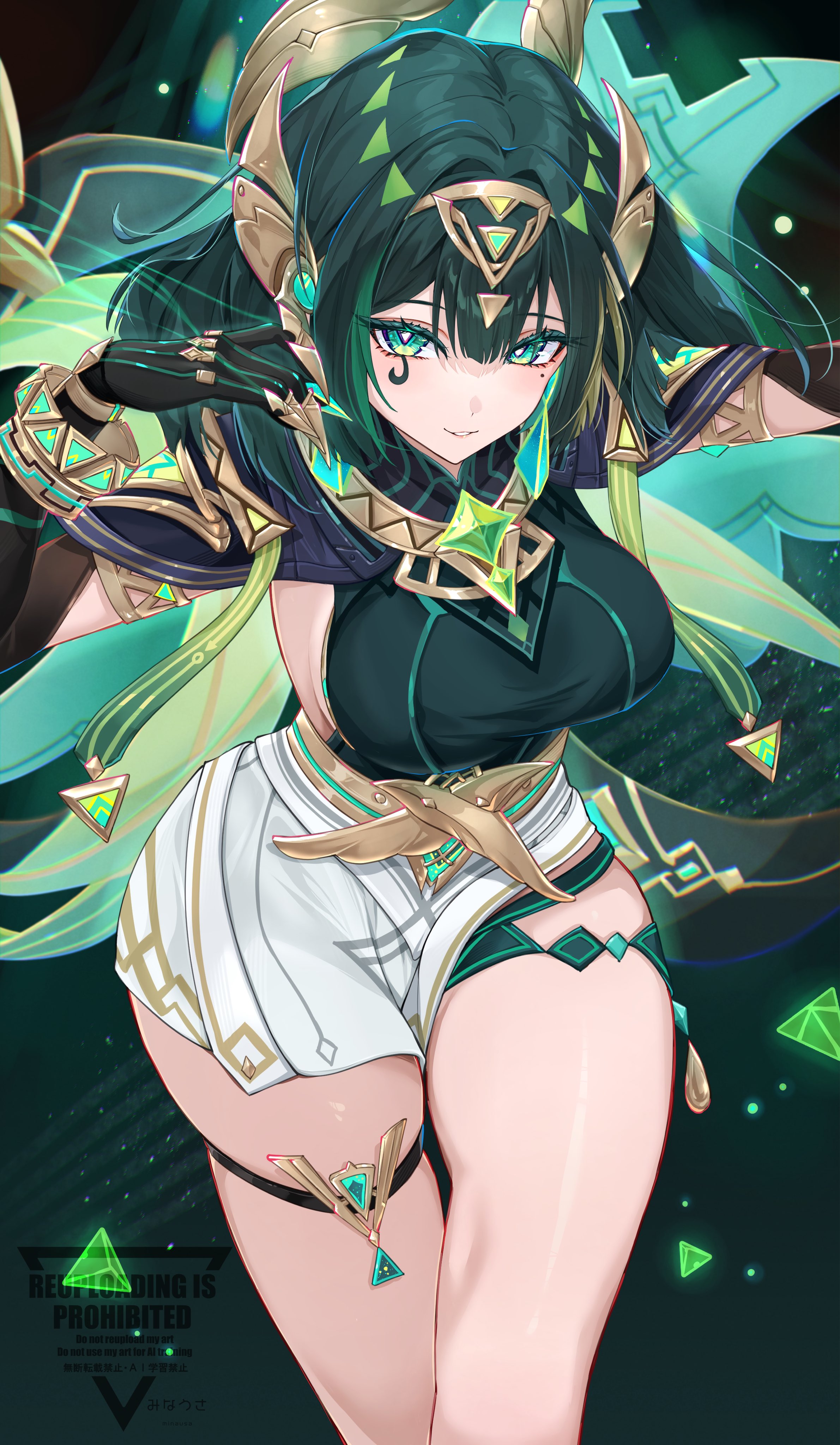 minausa, nefer (genshin impact), genshin impact, absurdres, highres, 1girl, ancient egyptian clothes, breasts, chest jewel, claw ring, english text, eye tattoo, fake claws, green eyes, green hair, green shirt, hair intakes, headgear, jewelry, large breasts, light smile, looking at viewer, medium hair, miniskirt, mole, mole under eye, shirt, skirt, solo, symbol-shaped pupils, tattoo, thick thighs, thigh strap, thighs, tight clothes, usekh collar, watermark, white skirt