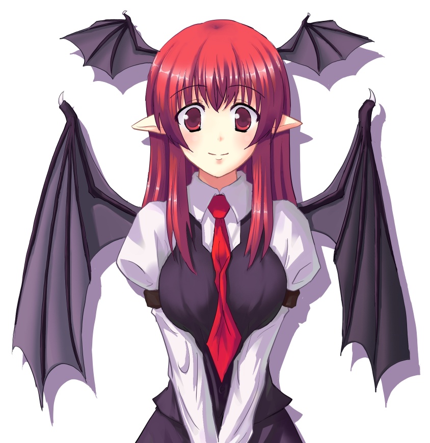 guang, koakuma, embodiment of scarlet devil, touhou, bad id, bad pixiv id, 1girl, bat wings, between breasts, breasts, female focus, head wings, large breasts, necktie, pointy ears, red eyes, red hair, red necktie, smile, solo, wings