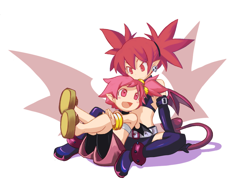 noko351, etna (disgaea), hanako (disgaea), disgaea, makai senki disgaea, makai senki disgaea 2, nippon ichi, 00s, 2girls, :d, bat wings, bike shorts, blush stickers, bracelet, demon girl, detached sleeves, earrings, hair bobbles, hair ornament, jewelry, laughing, midriff, miniskirt, multiple girls, open mouth, pink eyes, pink hair, pink shorts, pointy ears, ponytail, purple thighhighs, red eyes, red hair, sandals, shoes, short hair, short twintails, shorts, side ponytail, sitting, skirt, smile, tail, thighhighs, twintails, wings, zettai ryouiki