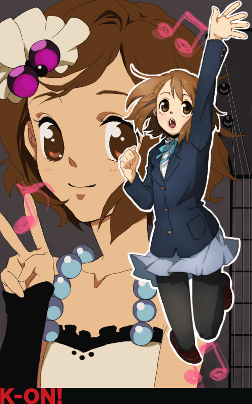 kurage (huwahuwaru n), hirasawa yui, don't say "lazy", k-on!, bad id, bad pixiv id, 00s, 1girl, blazer, brown eyes, brown hair, detached sleeves, female focus, hair bobbles, hair ornament, hairclip, jacket, jumping, long hair, miniskirt, pantyhose, pleated skirt, ribbon, school uniform, short hair, skirt, smile, solo, v