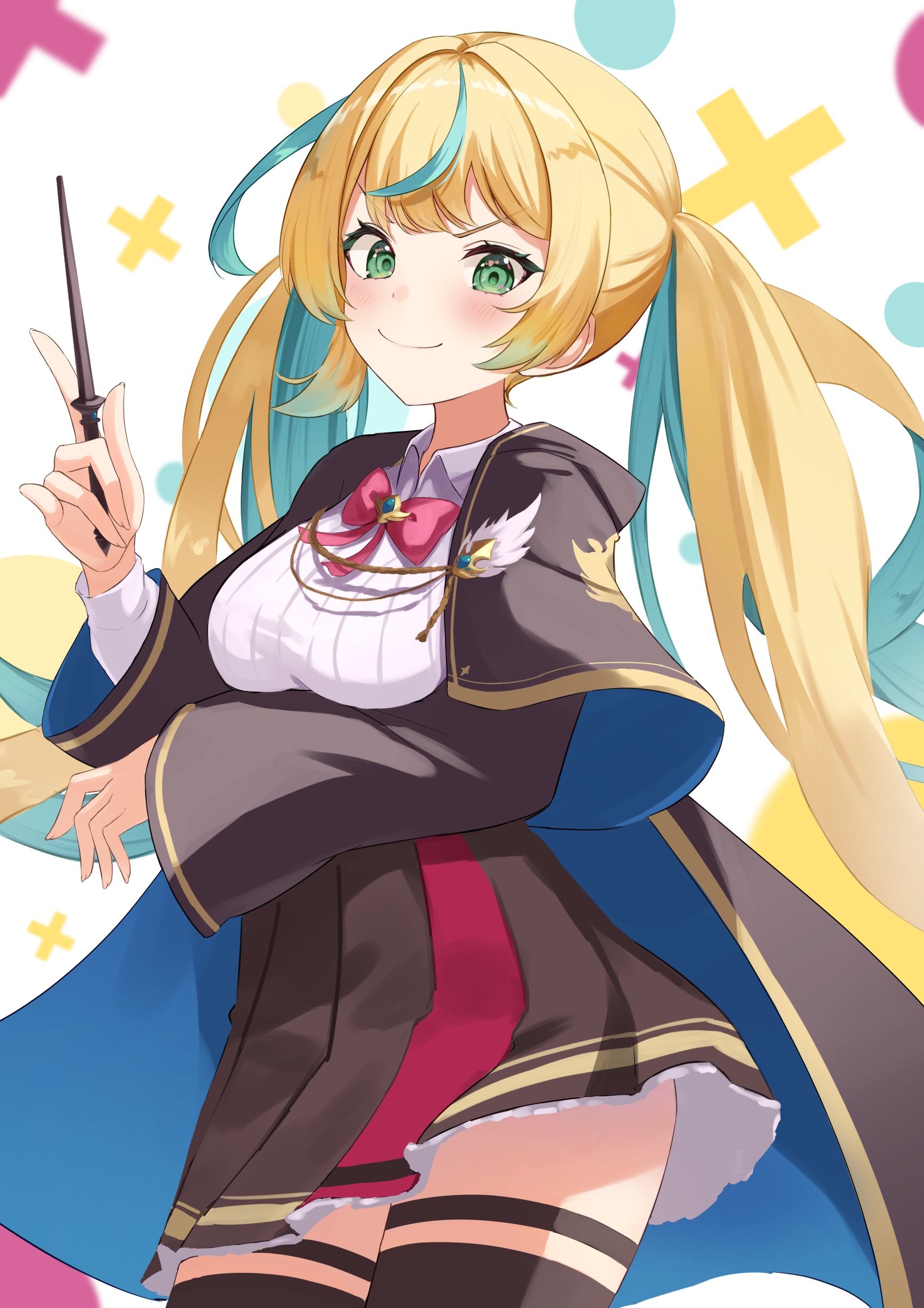 takechi49, tachitsute toto, nijisanji, absurdres, highres, 1girl, aqua hair, arm under breasts, black capelet, black thighhighs, blonde hair, blush, bow, bowtie, breasts, capelet, cowboy shot, framed breasts, green eyes, holding, holding staff, indoors, long hair, looking at viewer, mage staff, medium breasts, miniskirt, multicolored hair, pleated skirt, red ribbon, ribbon, simple background, skirt, smile, smug, solo, staff, streaked hair, thighhighs, twintails, virtual youtuber, wizard, zettai ryouiki